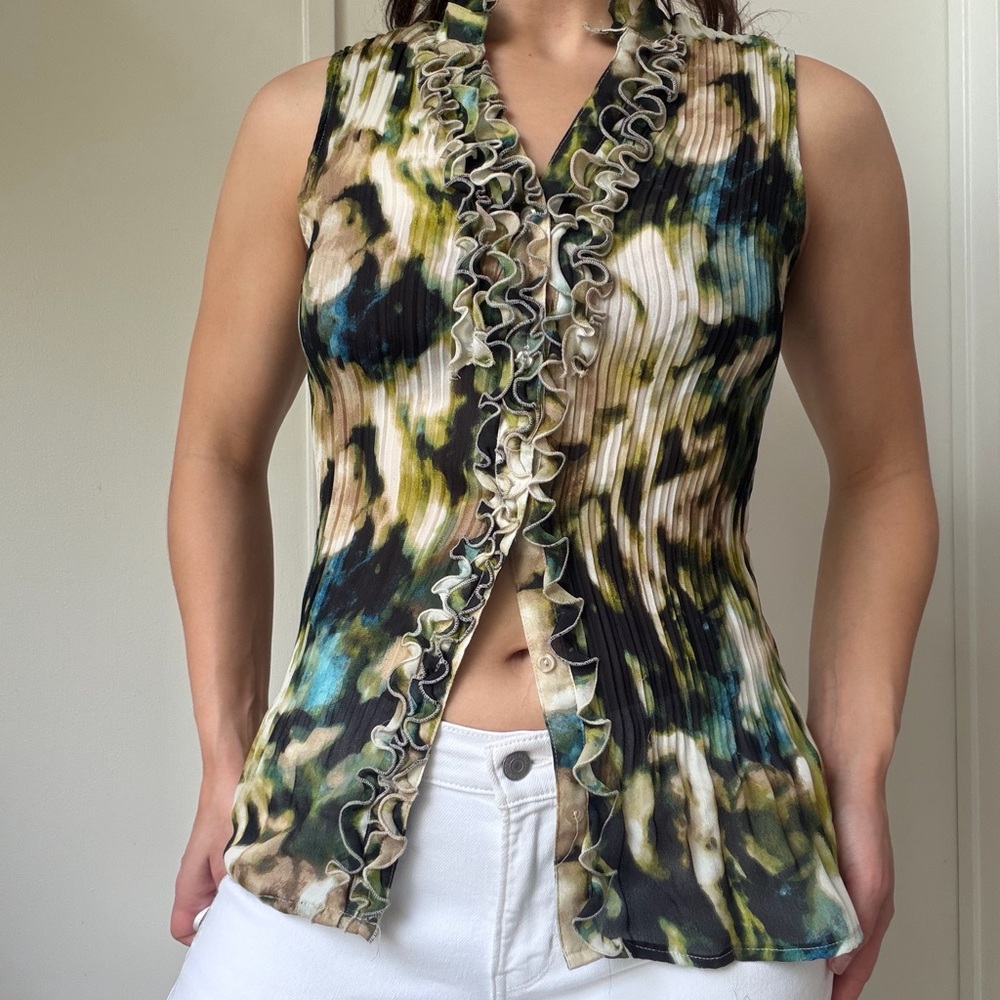 East 5th Ruffle-Front Pleated Camisole in Green, Black & Blue Print